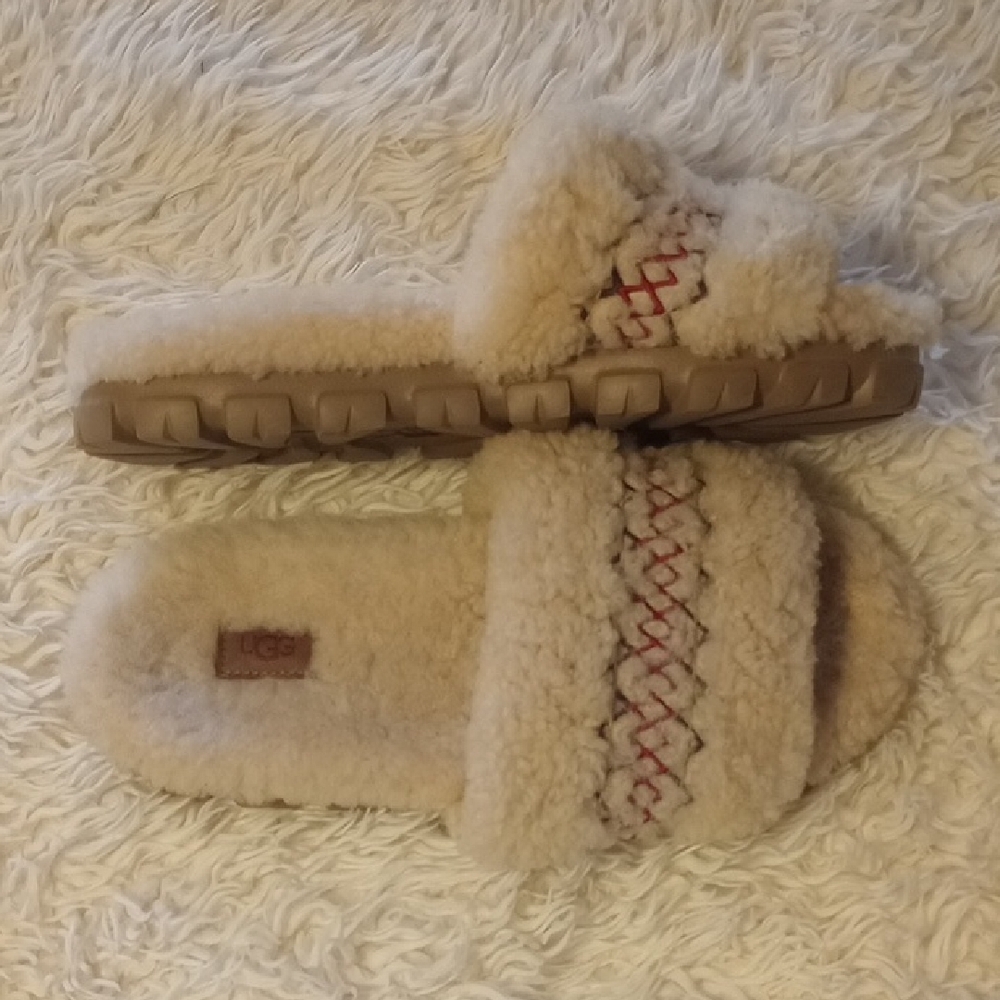 UGG Tan Fuzzy Slippers with Red Stitching - Picture 3 of 3